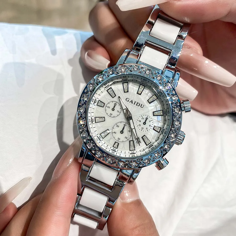 

Высококачественные женские кварцевые часы с бриллиантовым браслетом, наручные часы с керамическим ремешком, водонепроницаемые роскошные модные женские платья, подарок 2025