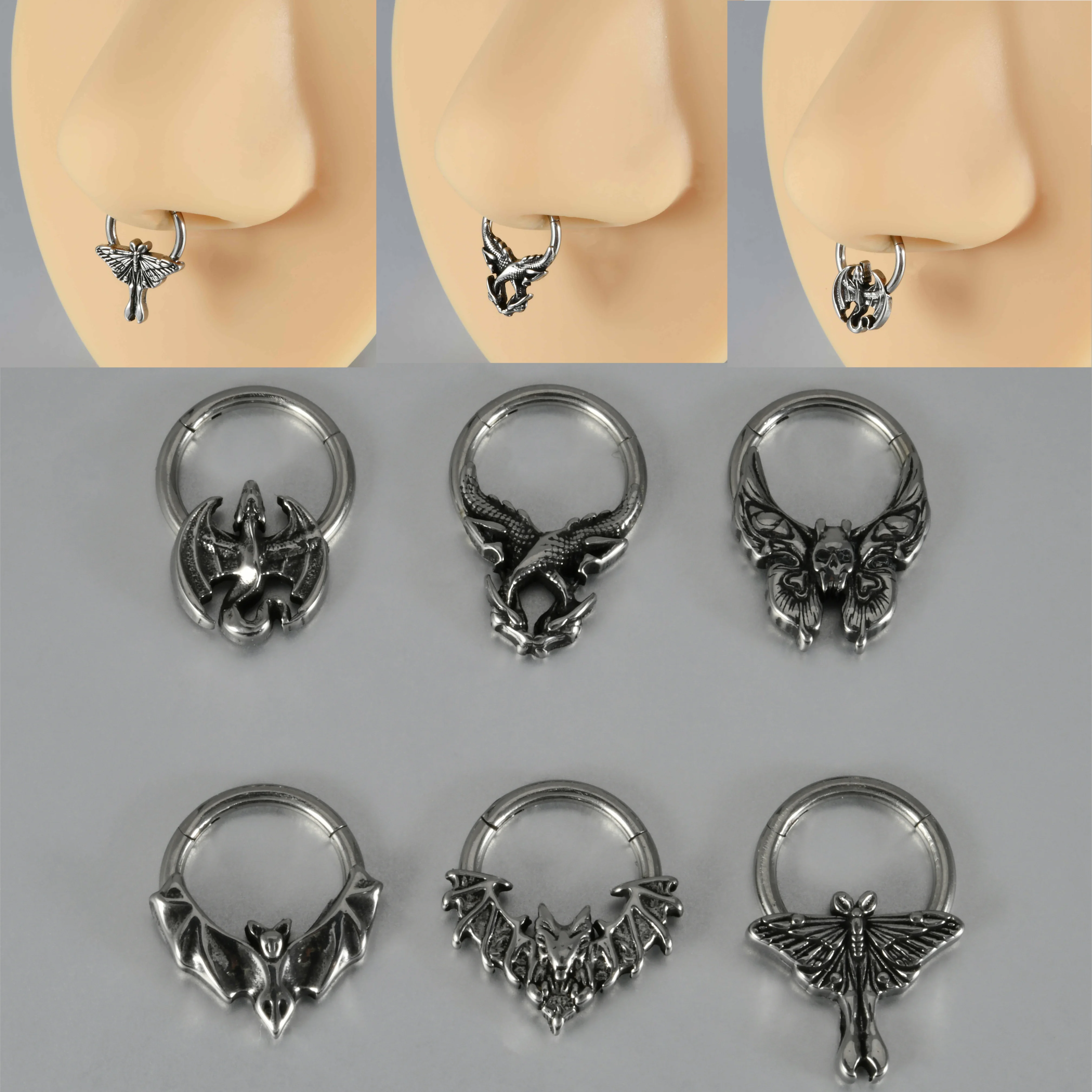 5/1 Stück Vintage 316L Edelstahl Fledermaus/Totenkopf/Drache/Eidechse Septum Nasenring Hoop Tragus Knorpel Daith Helix Piercing Ohrring