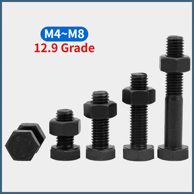FULLY / PART THREADED HEXAGON HEAD BOLTS & HEXAGON FULL NUTS HIGH TENSILE GRADE 12.9 BLACK SCREWS M4 M5 M6 M8