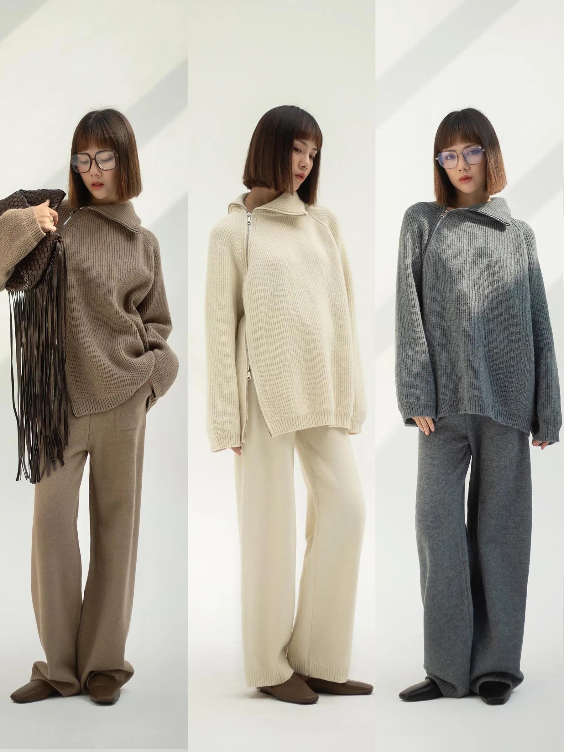 

Комплект TINNTINN: вязаный кардиган свободного кроя и брюки с широкими штанинами на резинке, дизайнерский свитер на молнии