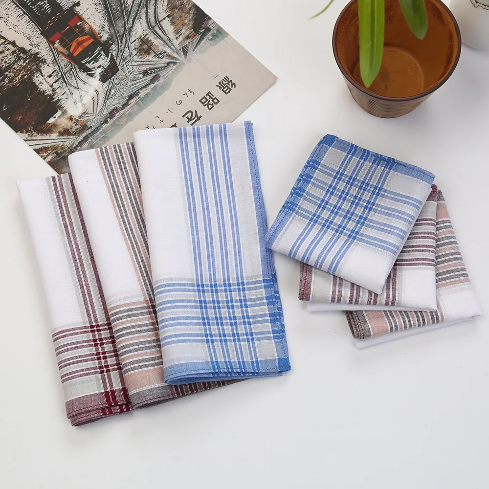 Soft Thin Retro Checkered Cotton Hankies for Middle-aged & Elder Men, Vintage Plaid Sweat Absorbent Pocket Handkerchief