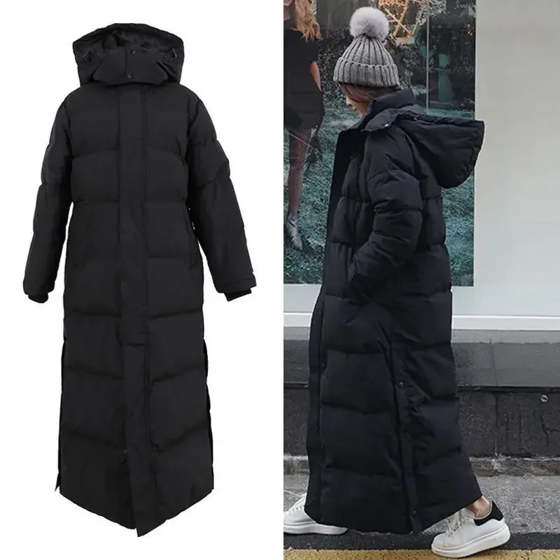 Jacket Winter Black Extra Long Over Knee Jacket Women\'s Hooded Solid Color Pocket Thickened Warm Jacket Coat Women