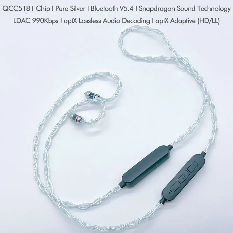 QCC5181 LDAC Bluetooth Pure Silver Cable w Mic aptX Voice 32kHz CVC10.0 Flat 2Pin for 7HZ Legato IEMs in-Ear HiFi Wired Headphon