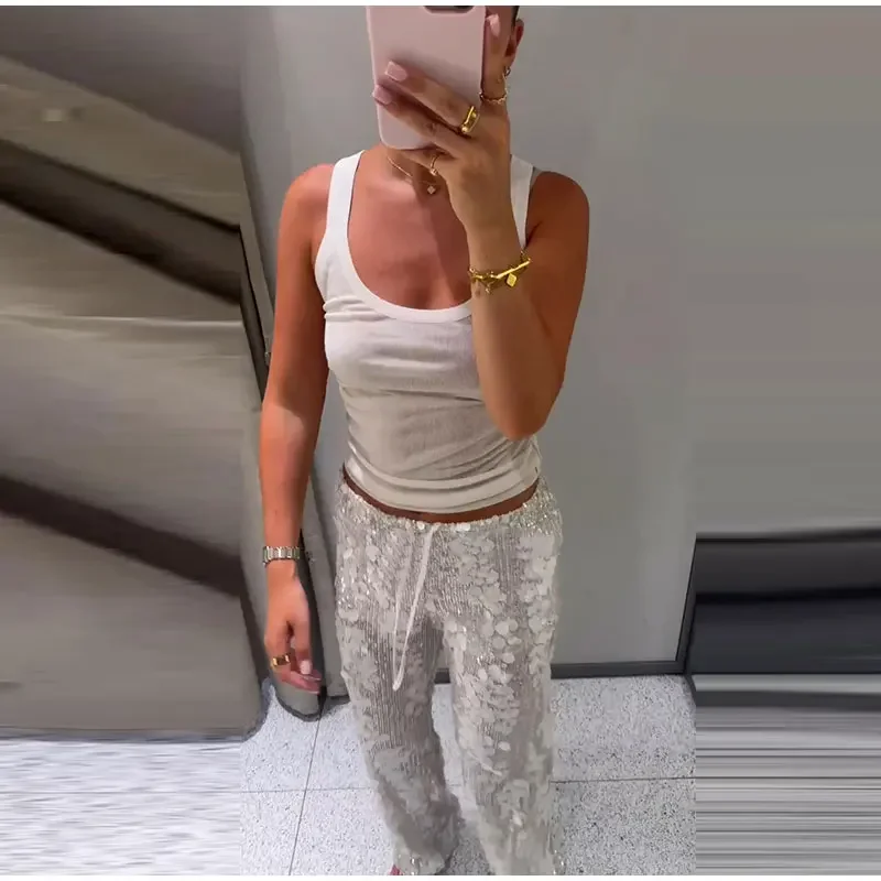 Pailletten-Zweiteiler für Damen, schulterfreies Tube-Top, mittelhohe Taille, gerade geschnittene Hose, sexy, modisches, passendes Outfit für Partys – Detail 14
