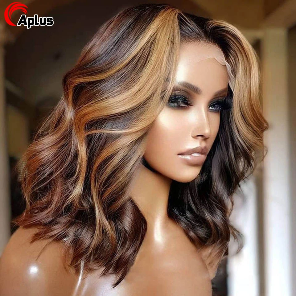 Short Ombre Highlight Perucas para Mulheres Negras, Bob Cabelo Humano, HD Lace, Body Wave, Lace Front, Perucas indianas cruas à venda