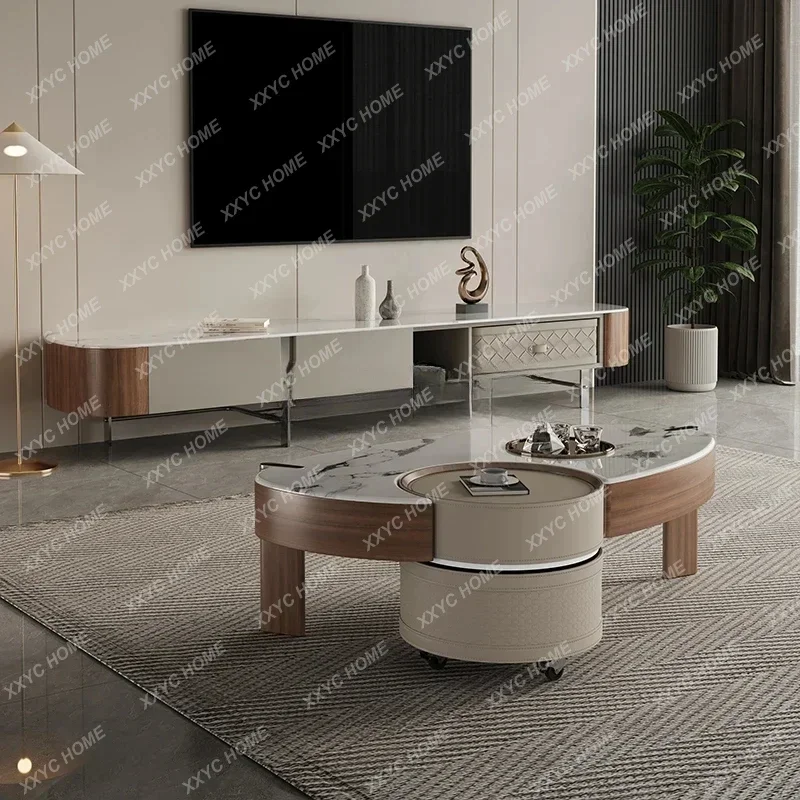 A  TV cabinet coffee table combination light luxury high sense  microcrystalline stone oval coffee table