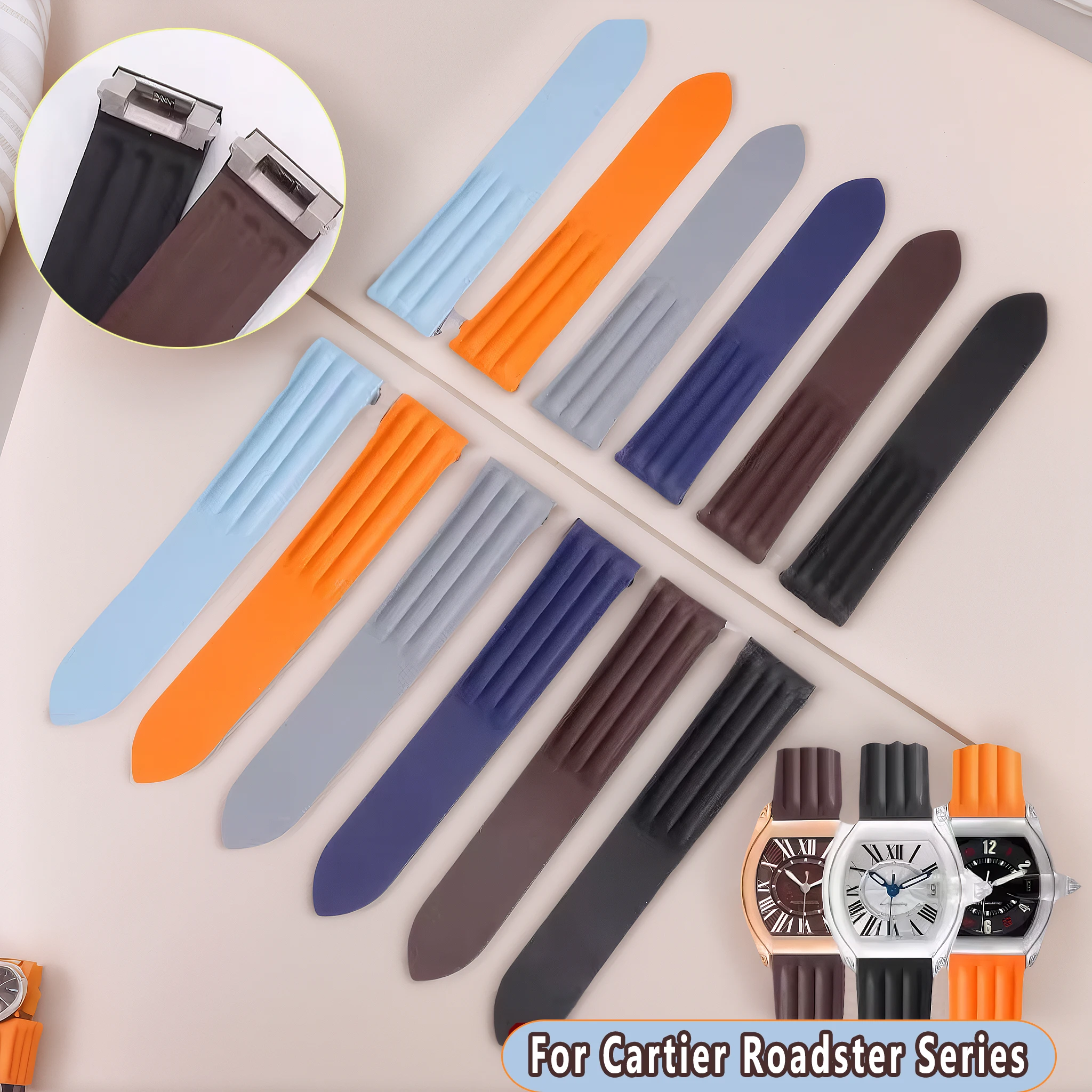 

Viton Quick-release Fluororubber Watch Band For Cartier Roadster Sports Car Strap W6206018 Men Fkm Bracelet 19mm Folding Clasp