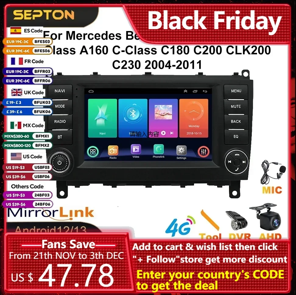 SEPTON Android12 Car Radio Carplay for Mercedes Benz W203 W209 W219 A Class A160 C-Class C180 C200 CLK200 C230 2004-2011 GPS