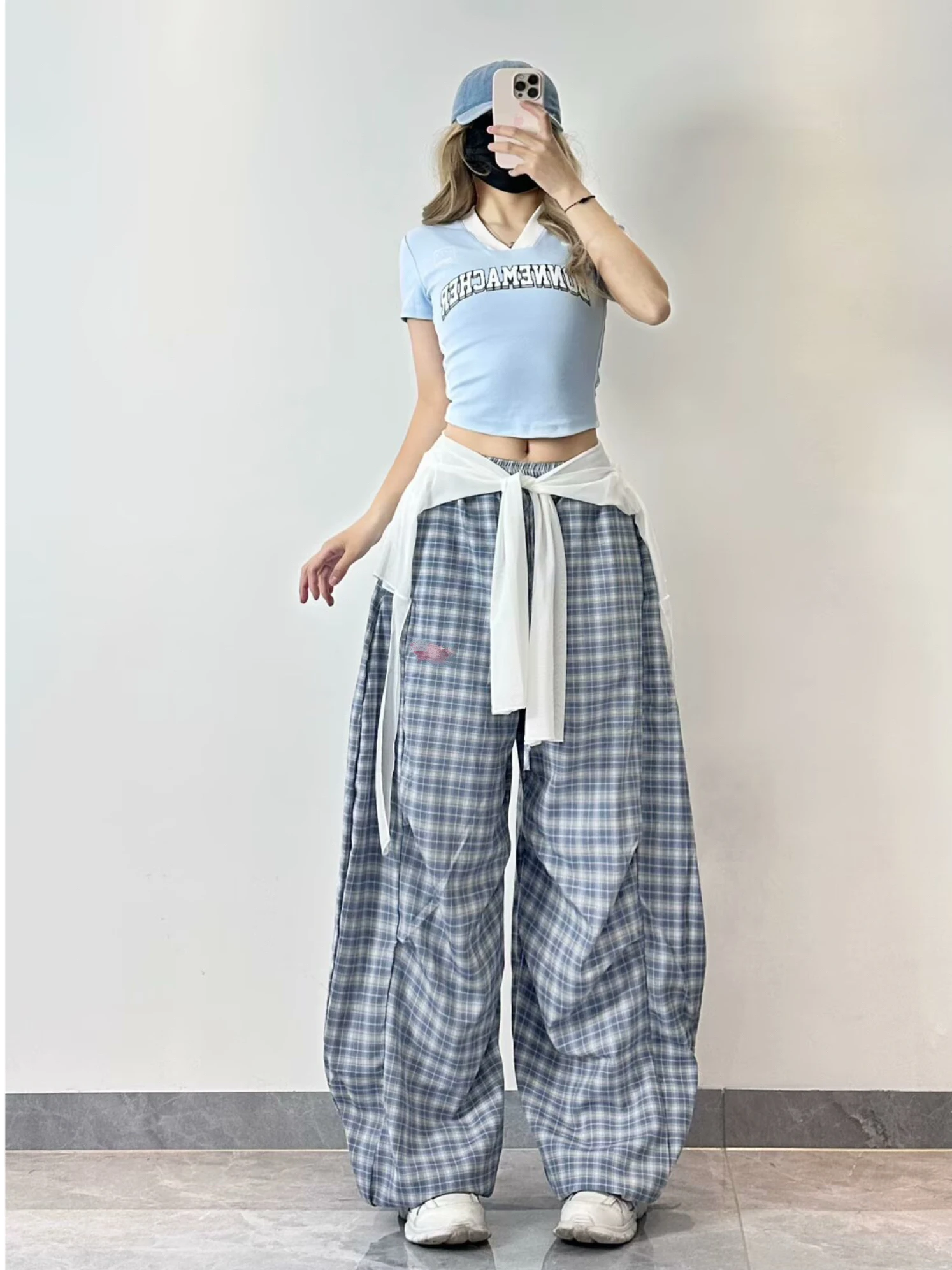 

XXBUNI синий клетчатый комплект спортивной одежды для уличных танцев, свободные женские свободные брюки для танцев в стиле хип-хоп, джаз, женские свободные брюки для поездок на работу Sle ket...