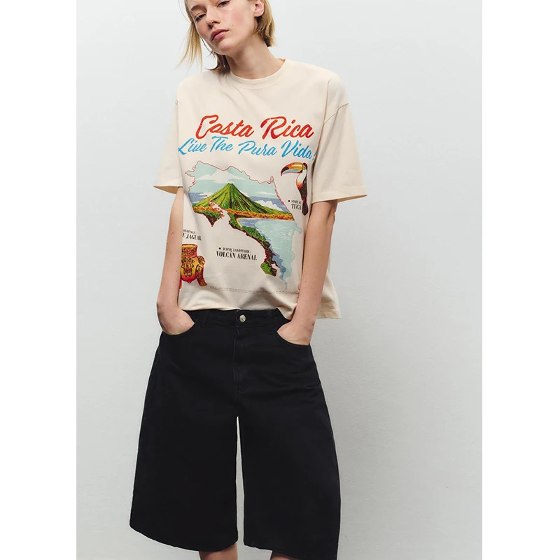 Feminino confortável impresso fino ajuste em linha reta redonda ne camiseta primavera novo sle preguiçoso faion streetwear fibra de poliéster