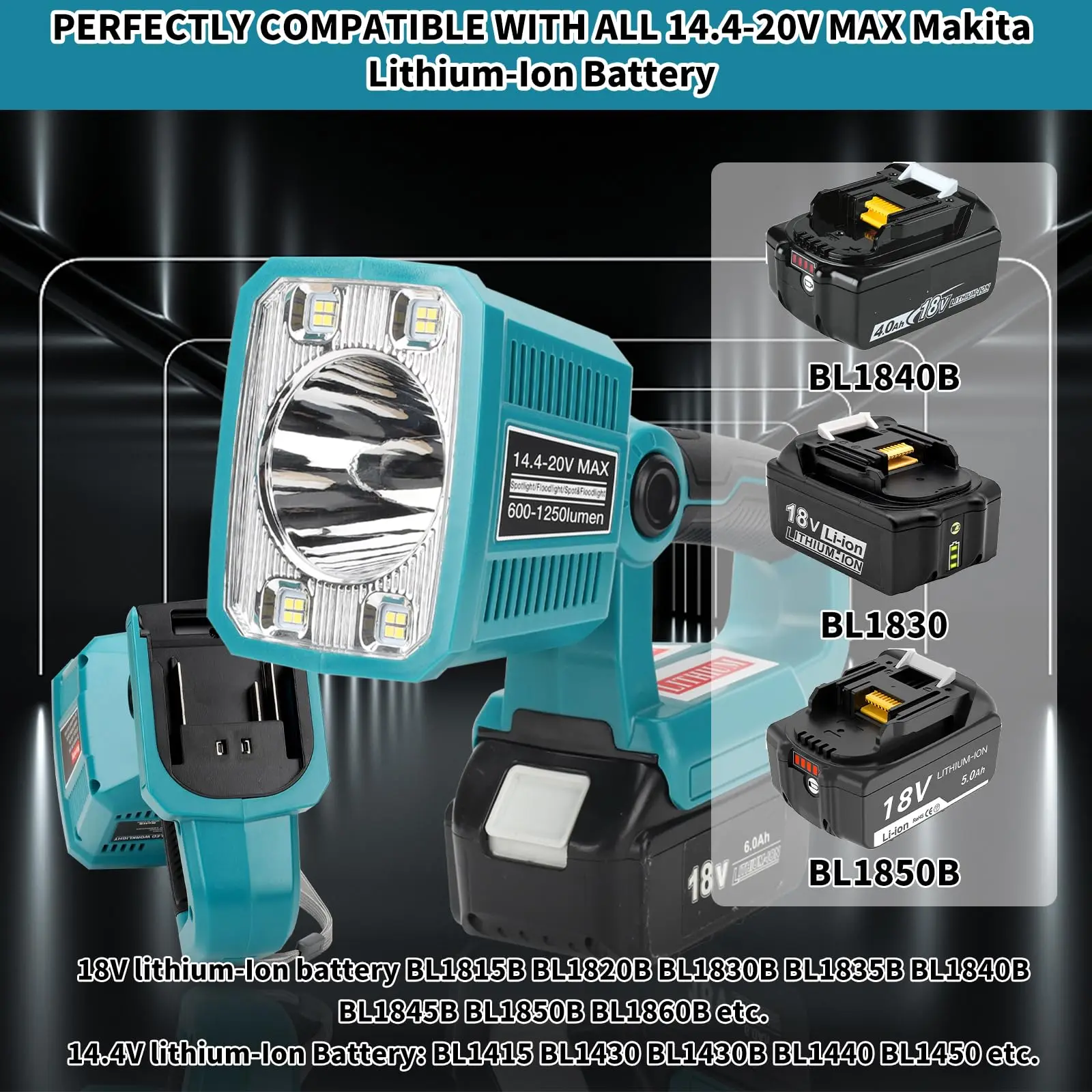 

1250LM светодиодный фонарь для Makita 18V LXT литиевой батареи 18W рабочий свет с USB портами фонарь 90 ° вращающийся голова 3 световых режимов прожектор для экстренного ремонта кемпинговых автомобилей и освещения рабочего места