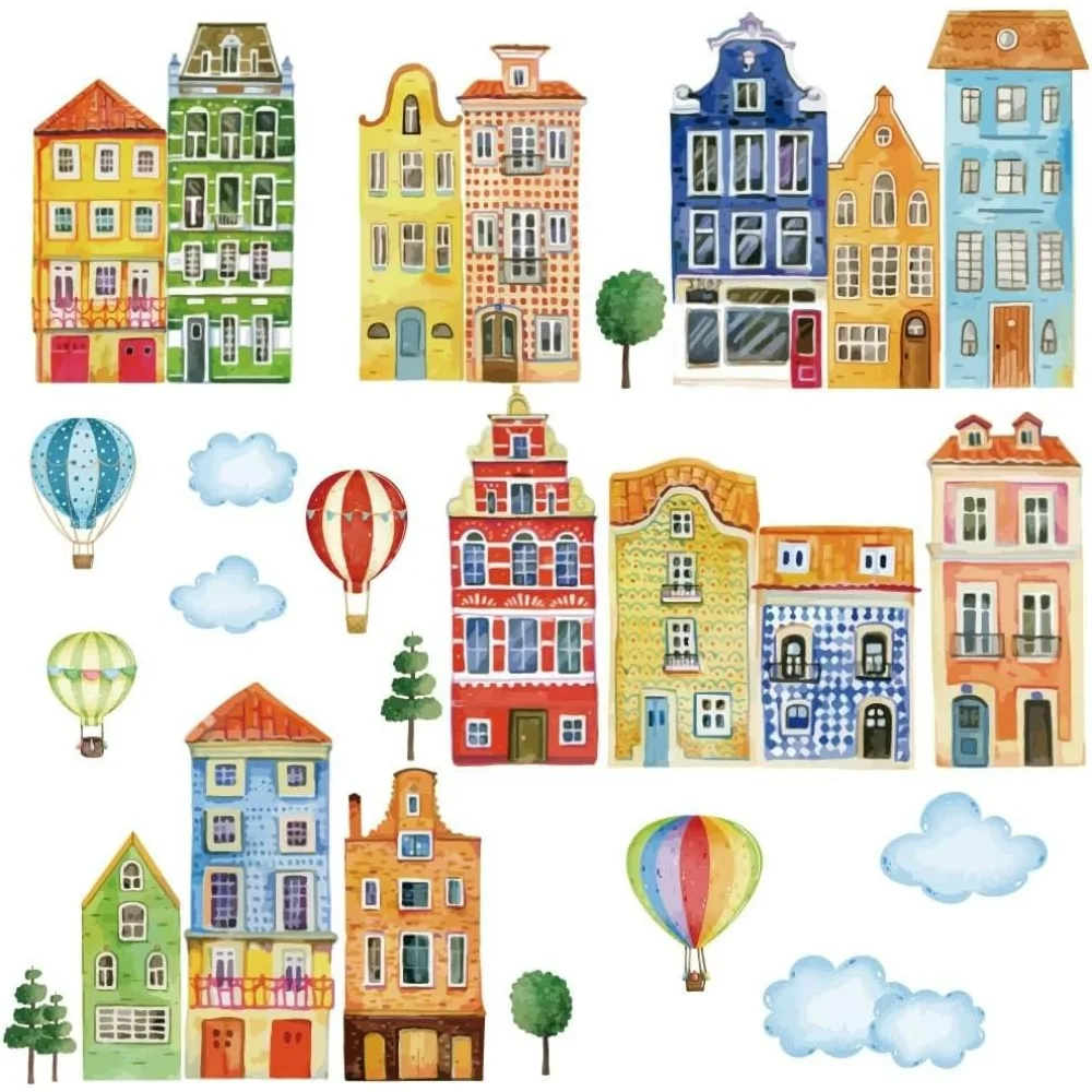 

Watercolor House Vinyl Wall Stickers Clouds and Hot Air Balloons Decals Peel and Stick DIY Colorful Wall Decals for Kid's Room