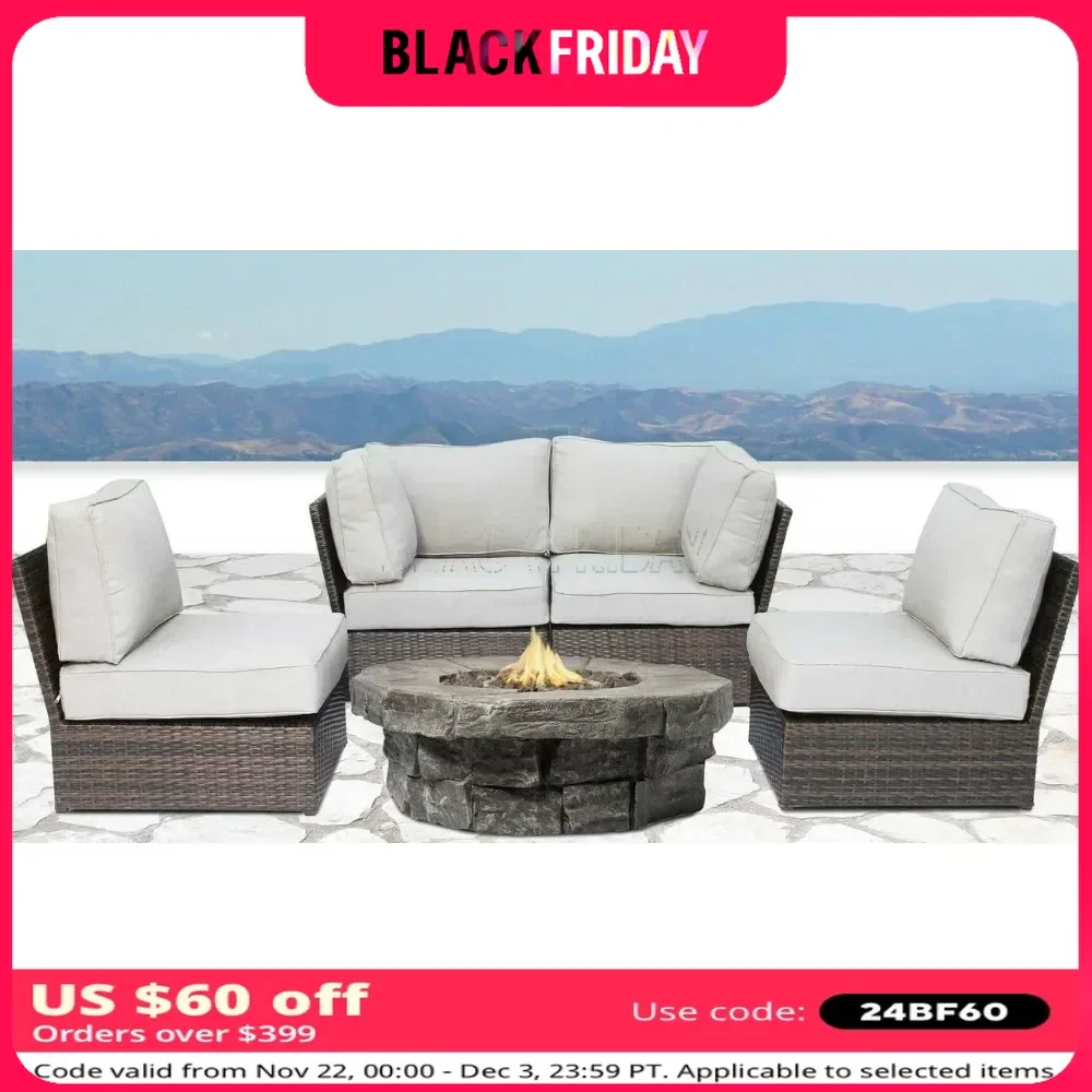 5 PieceFire Pit Set collection Wicker Patio Resort Grade Furniture Sofa Set, With Fireseat, Cup Table and Back Cushions