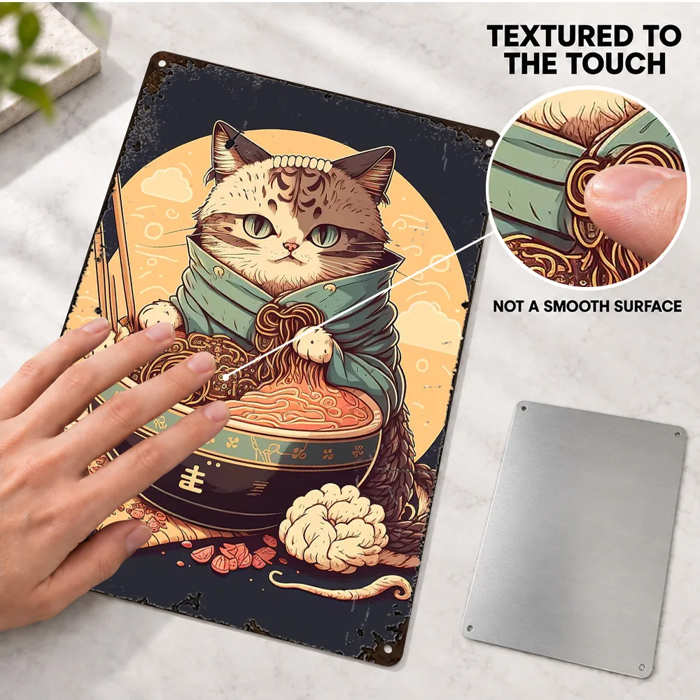 Tabby Cat With Ramen Aluminum Poster Personalized Metal Sign Whimsical Illustration Wall Art For Breakfast Nook Home Cook Gift