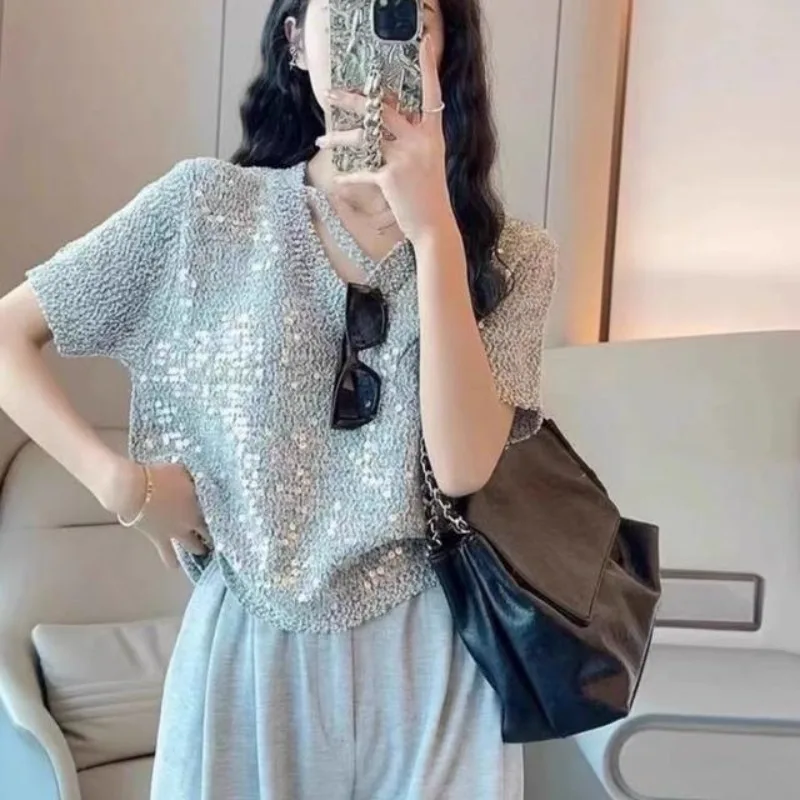 Summer Short Sleeve V-Neck Women's Clothing Solid Color T-shirt Pullover Beaded Sequined All-match Elegant Flattering Tops