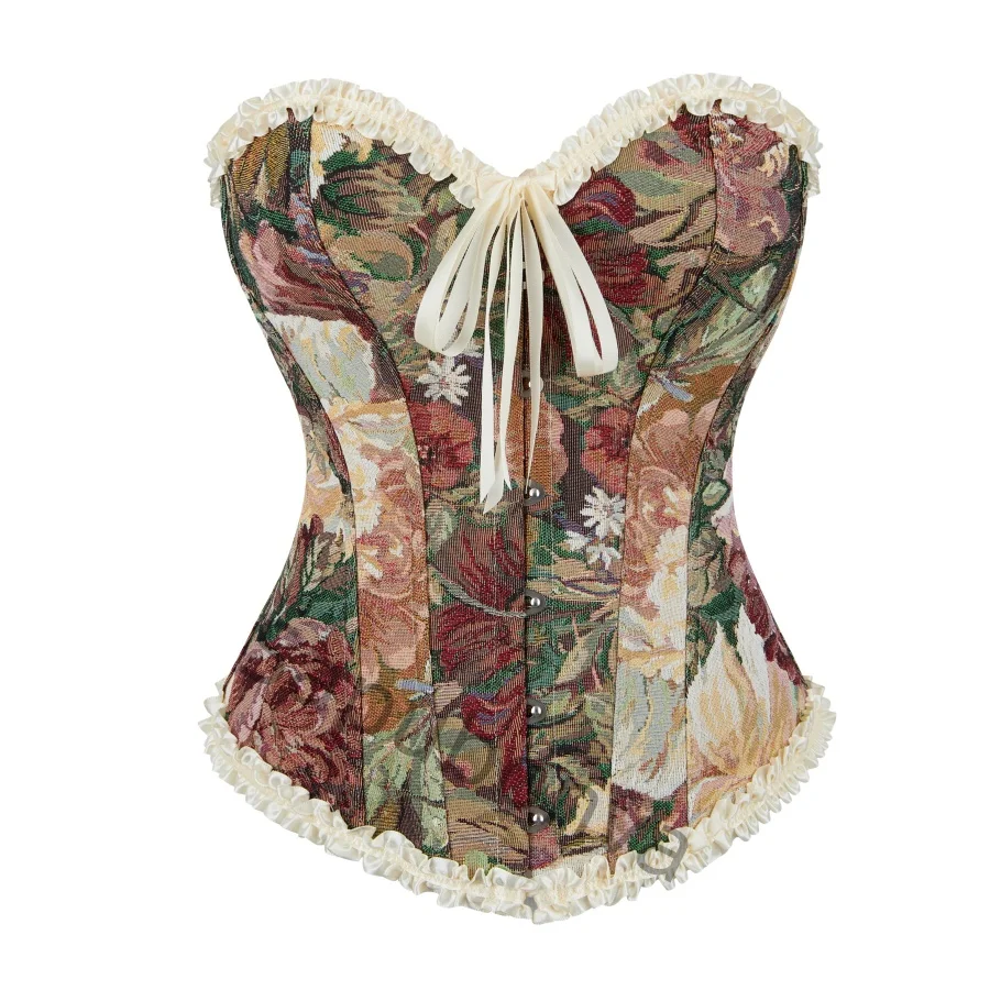 

Корсет для женщин, топ-бюстье на шнуровке, винтажный Ренессанс, средневековый, с цветочным принтом, элегантный кофейный