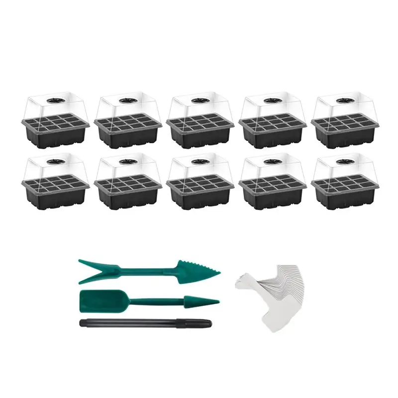 

Professional Tool 10 Pack Heightened Lids 120 Cells Seed Starter Kit Seedling Starting Trays With Humidity Dome, Black
