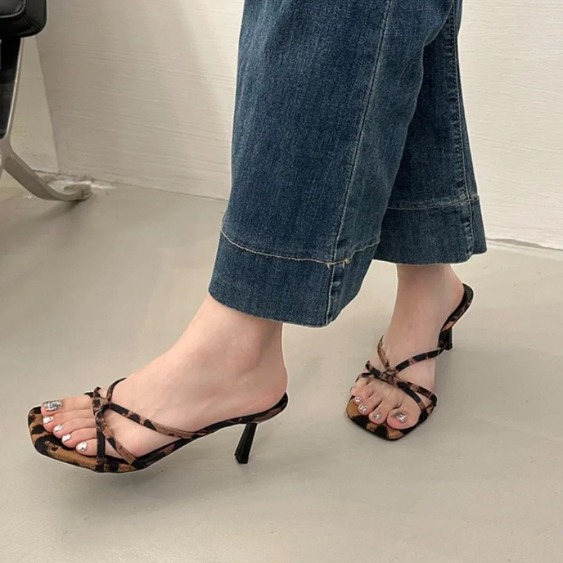 Slim Strap Square Toe Open Toe High Heel Sandals Women's Summer Wear Fashion Leopard Print One-line Strap Temperament Slippers