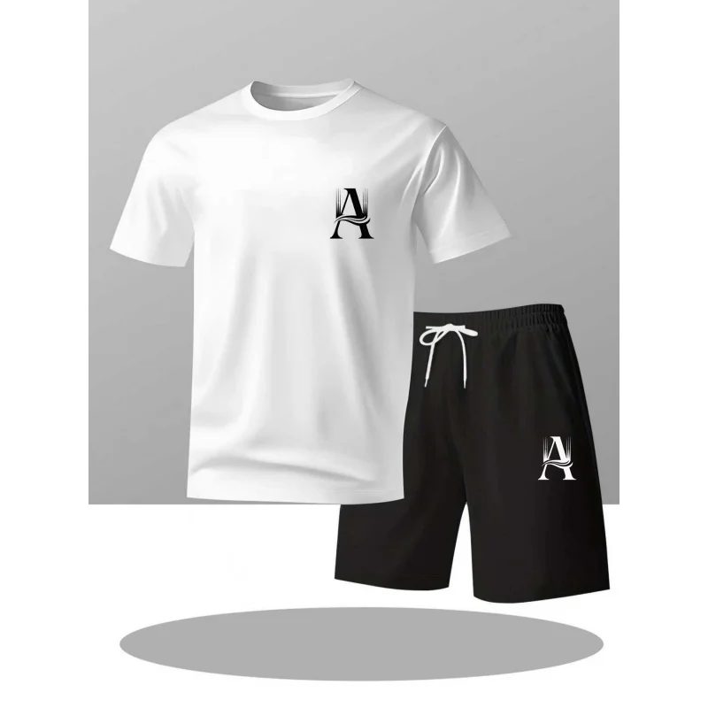 

Summer Youth Men's Novel and Minimalist Style Unique Printed Design, Round Neck Short Sleeve Top + Casual Shorts Set