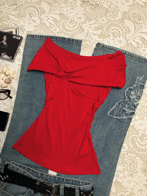 

Vintage Red One-oulder ort-Sve Women's T-irt Slim Fit Korean Sle Commute Pure Color Cotton Moisture ng