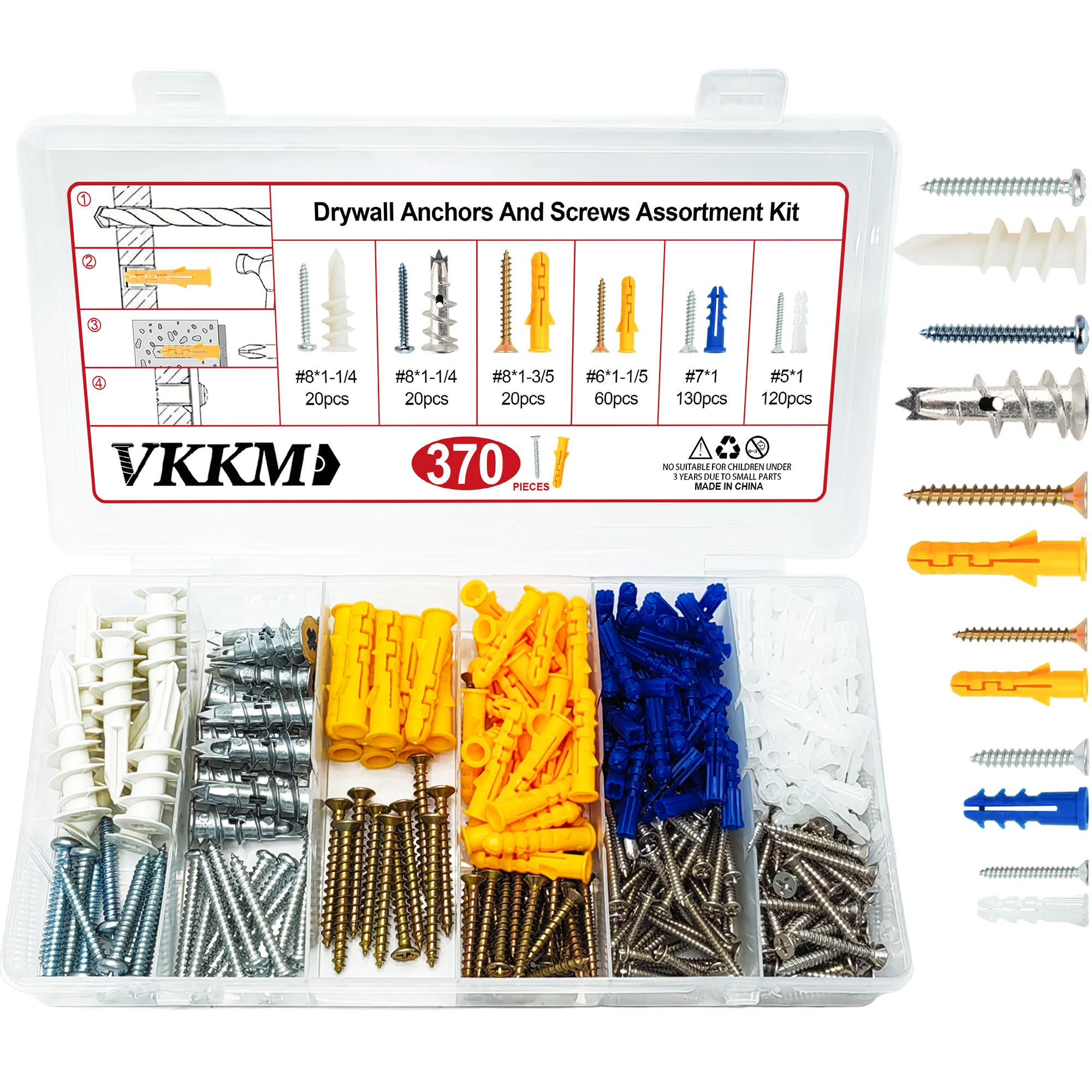 Drywall Anchors and Screws Assortment Kit 370pcs, Dry Wall Anchors, Philips Flat Head Screws, 6 Sizes of Screws and Sheetrock An