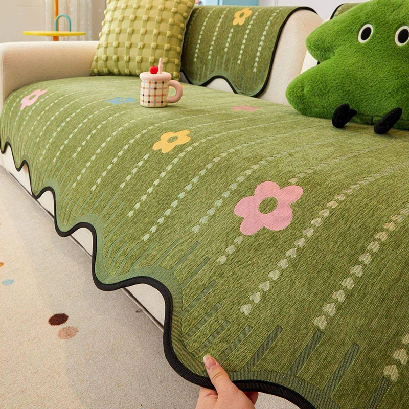 Irregular Dopamine Flower Sofa Cushion Chenille Anti-Scratch Anti-Slip Couch Cover Stripe Printing Dustproof Furniture Protector