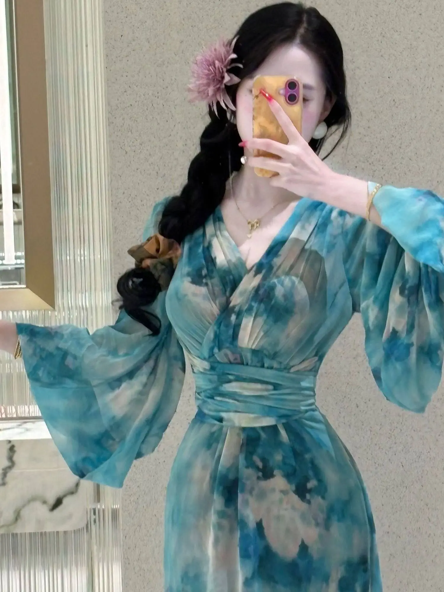 Spring New Gentle Girl Bell Sleeve Dress Women Gentle Style High Waist Blue Sea Skirt Trendy V Neck Slim Fit Long Sleeve Dress