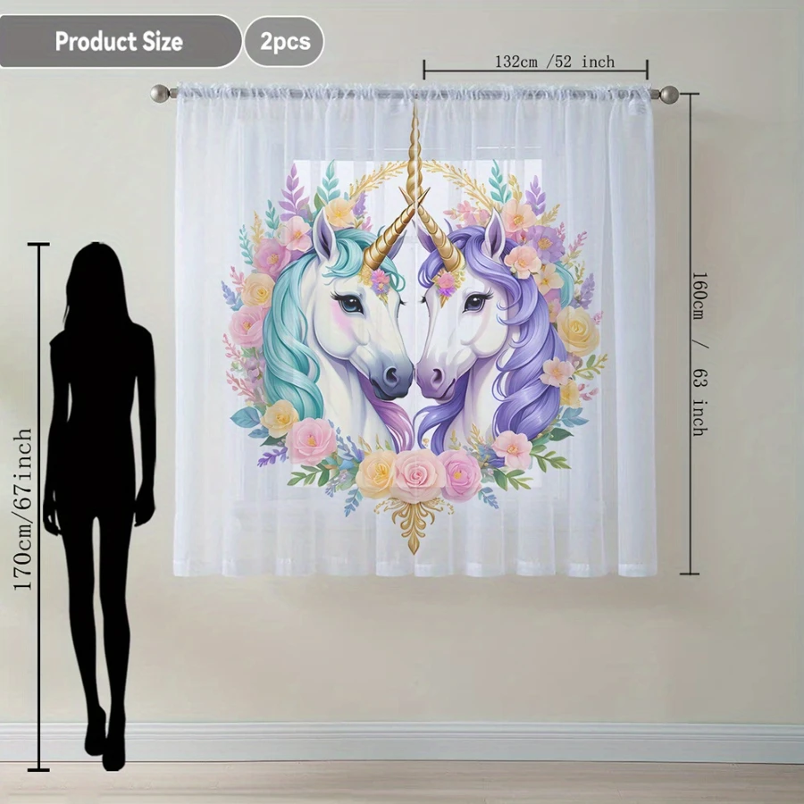 2PCS Digital Print Sheer Curtains, Purple Green Unicorn, Magical Fantasy Kids Mythical for Bedroom Living Room Home Decor