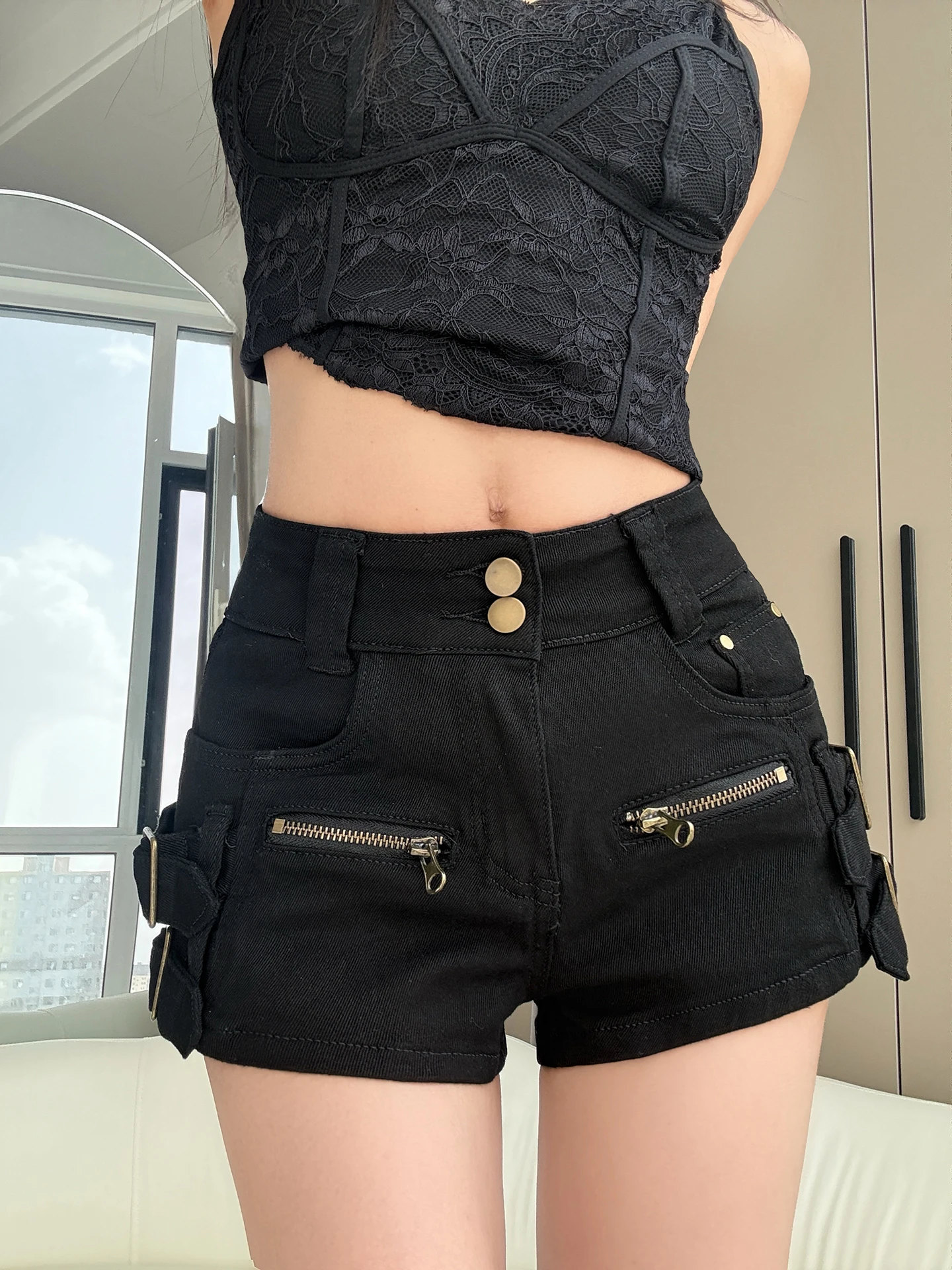 American Retro High Waist Zipper Buckle Women's Denim Shorts Wide Leg Workwear Hot Pants Skimpy A-Line Wraparound Casual Trou...