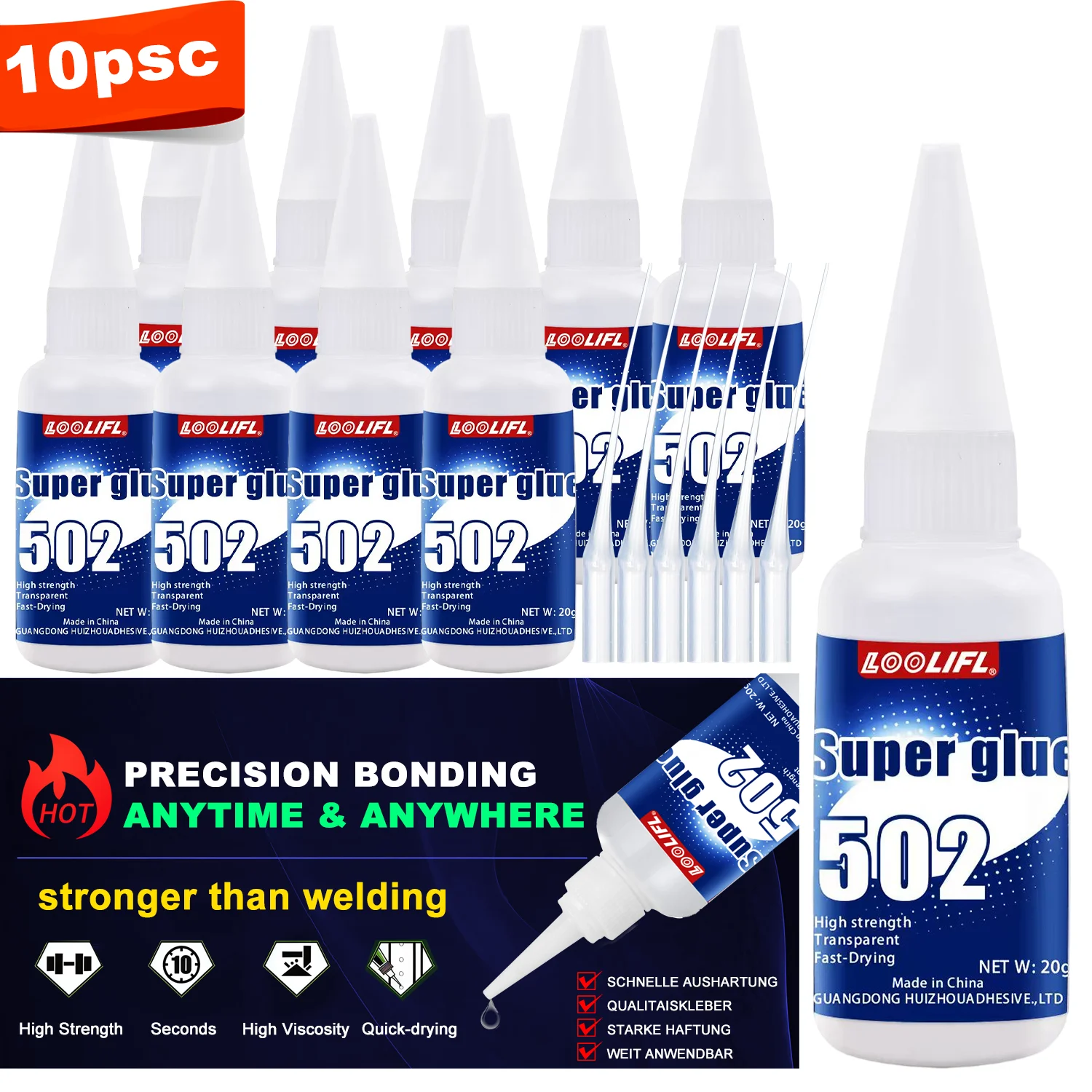 1–10 Stück Loolifl 502 Superkleber, Cyanacrylat, schnell trocknender, sofort stark haftender Klebstoff für Heim, Büro, Industrie, Reparaturmaterialien