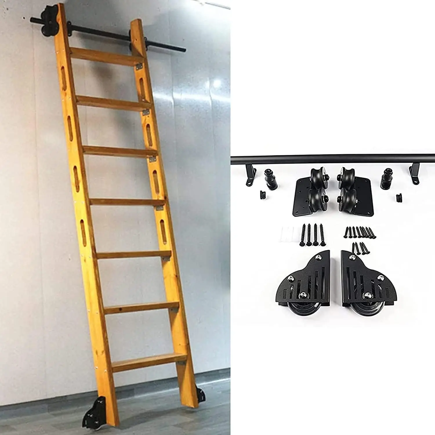 Sliding Barn Door Hardware Kit Round Track/Rail,Rolling Ladder Hardware Library Mobile Ladder Track With Floor Roller Wheels