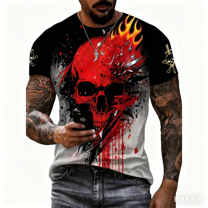 3D Terrifying Skull Printed Men's T-shirt Summer Fashion Leisure Short Sleeve Tops Outdoor Street Cool Crew Neck Men Clothing