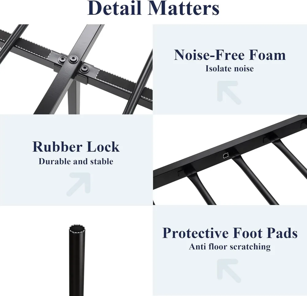 Cadre de lit plateforme en métal Queen de 14 pouces avec tête de lit victorienne, rangement sous le lit, assemblage facile, sans bruit, noir