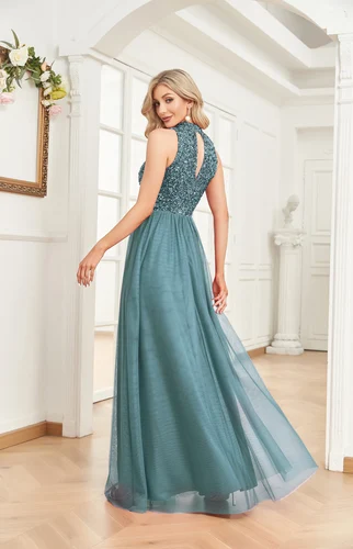 Imagen 2 del producto Vestidos de Noche elegantes con cuello en V y lentejuelas verdes, vestidos largos de lujo para mujer, vestidos de cóctel para fiesta de boda sin mangas de tul
