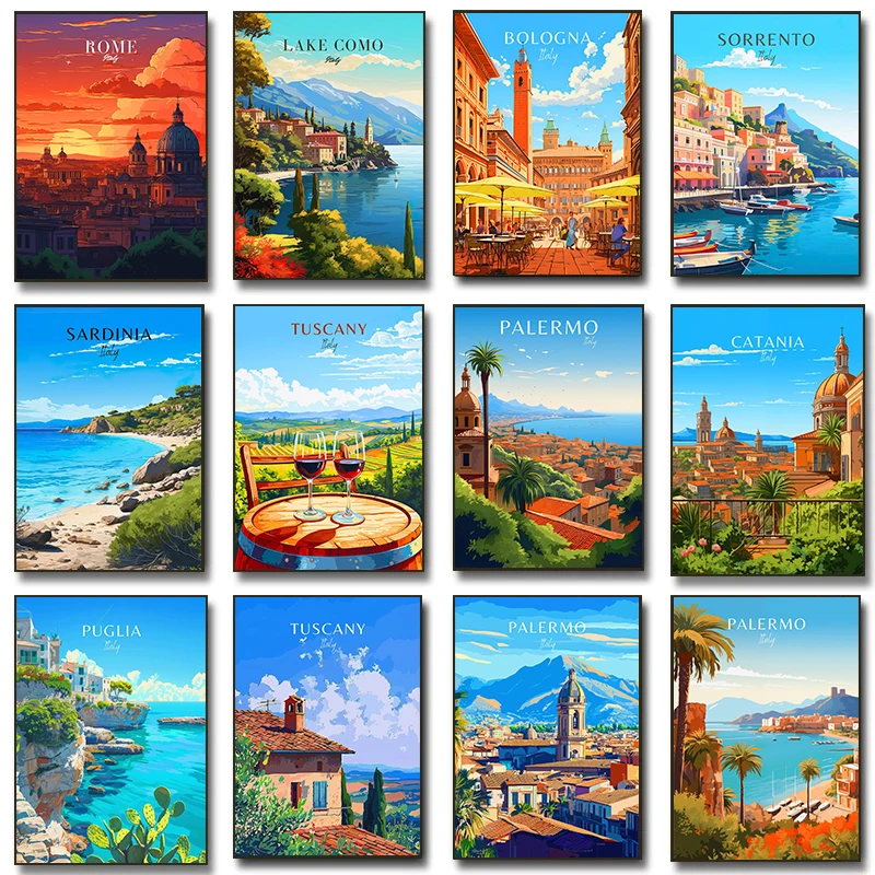 Moderni poster di viaggio di Amalfi, Italia, famosi poster vintage di Palermo, Puglia, Cinque Terre, stampe su tela per decorazioni da parete per la casa e la stanza.