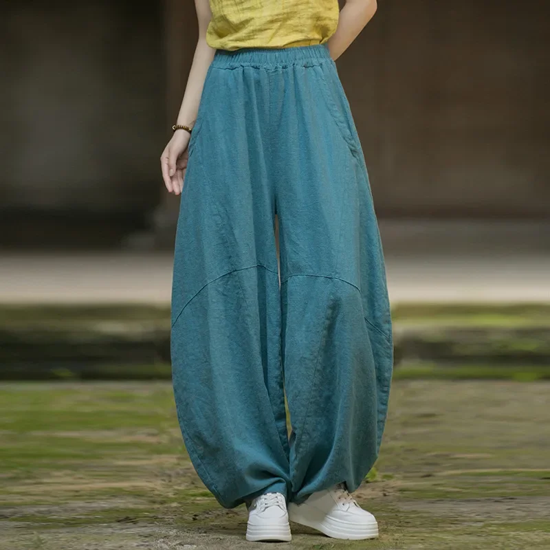 

Элегантные женские хлопковые и льняные мешковатые брюки-карго, винтажные брюки с эластичной резинкой на талии, свободная повседневная длинная широкая одежда больших размеров
