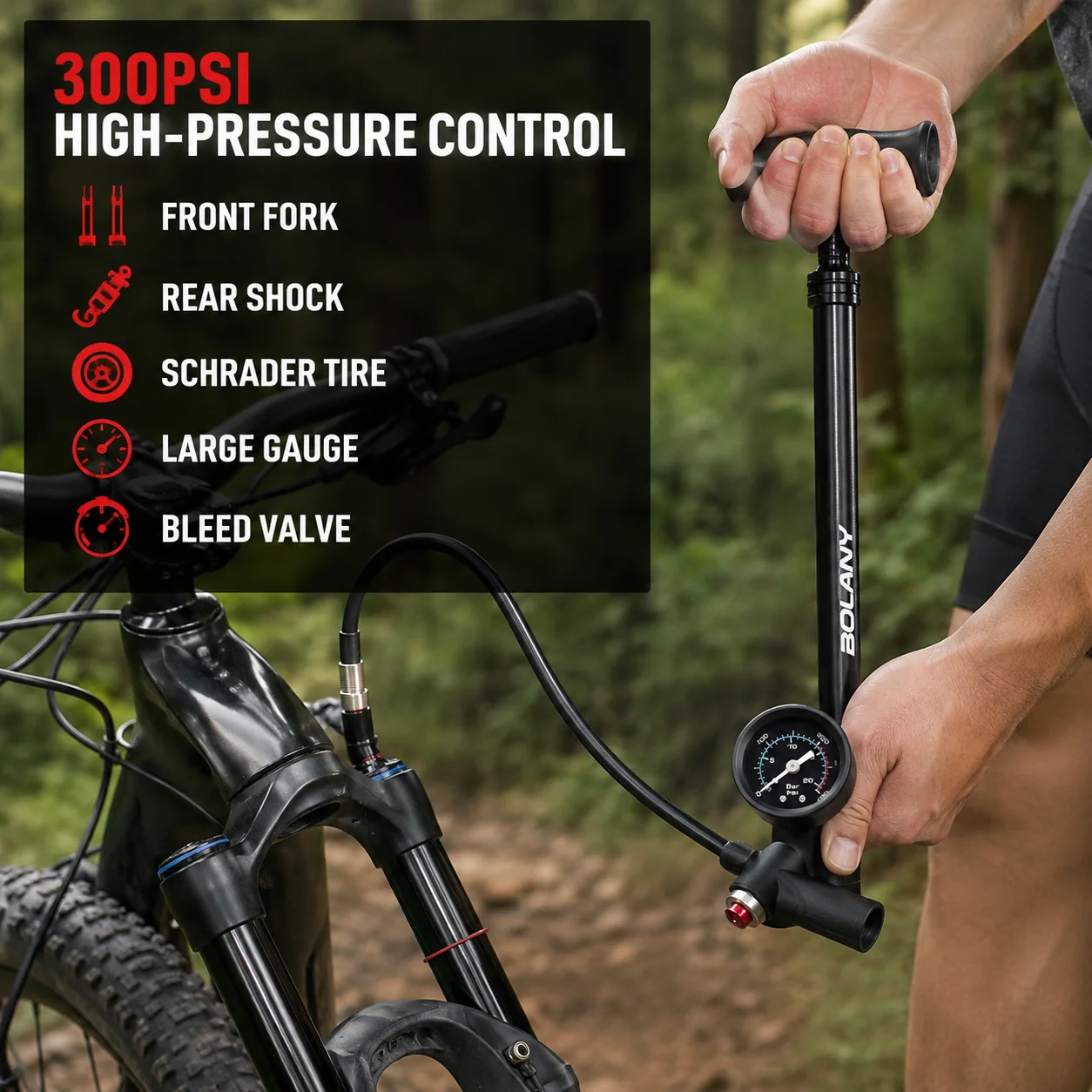 BOLANY 300PSI Bicycle Shock Pump with Gauge Bleed Valve Portable High Pressure Pump for MTB Fork Rear Suspension Schrader Tire