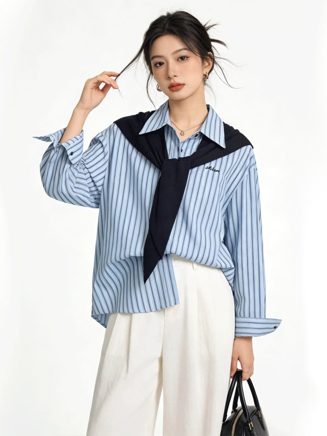 

Ele College Sle Embroidered Stripe irt Casual Sun Protection Outerwear Open Cardigan oulder Pad High Quali Women'...