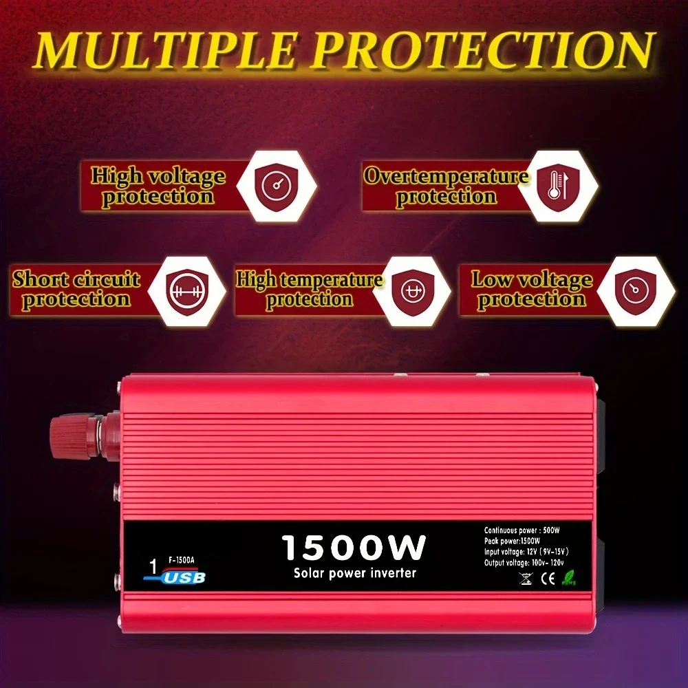 

Powerful 500W/1500W Peak DC12V to 110V AC Voltage Converter with Two Sockets and One USB Port for Versatile Charging Options