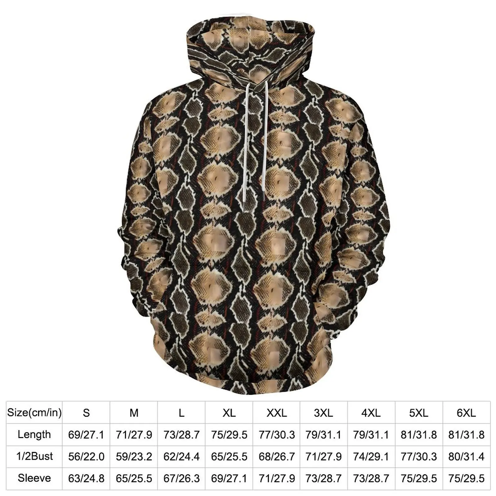 Brown Black Snakeskin Casual Hoodies Long Sleeve Animal Print Elegant Hoodie Winter Loose Custom Oversize Clothing