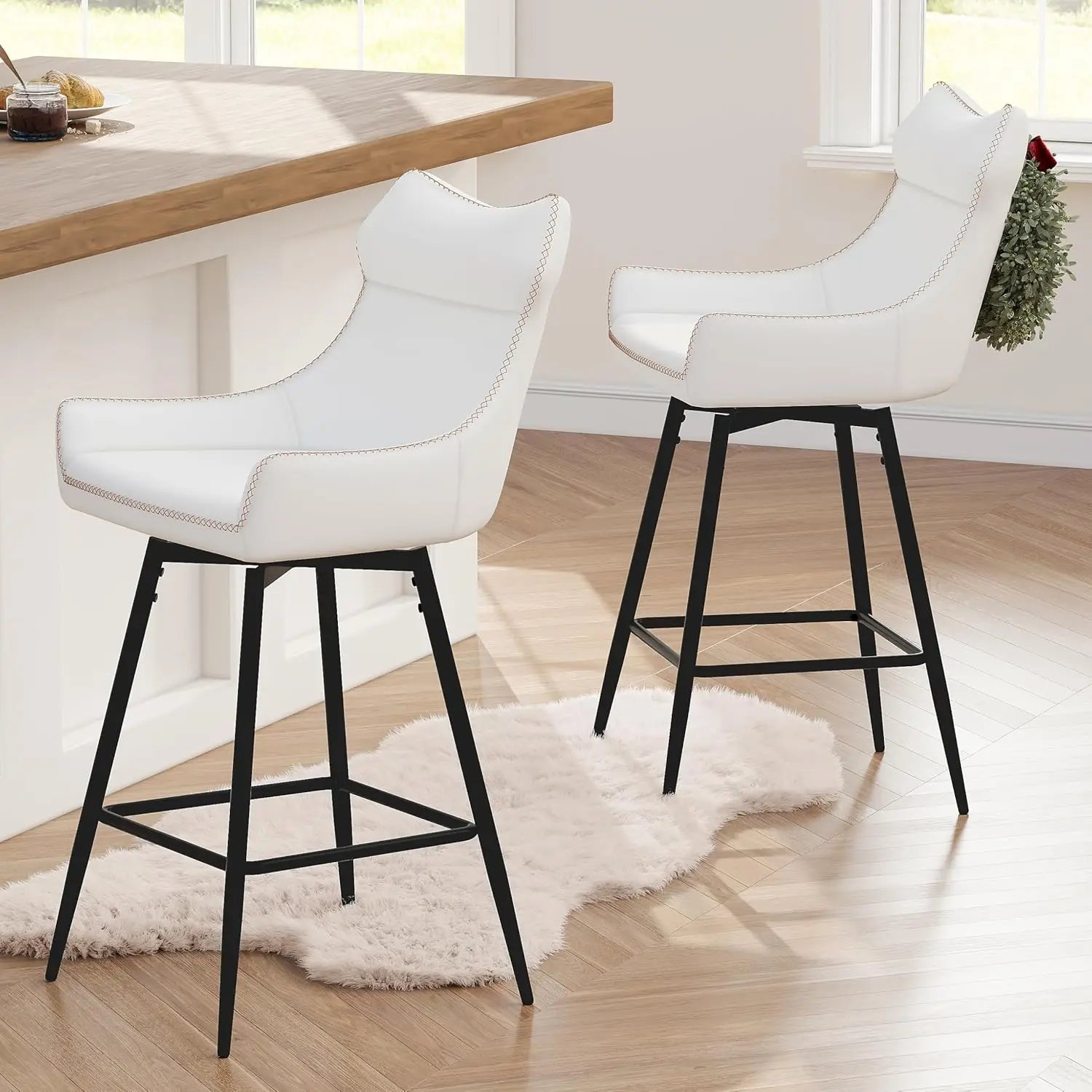 

26-дюймовые поворотные барные стулья с высокой спинкой, набор из 2 металлических ножек с регулируемой высотой, кухонная искусственная кожа, белый цвет по индивидуальному заказу