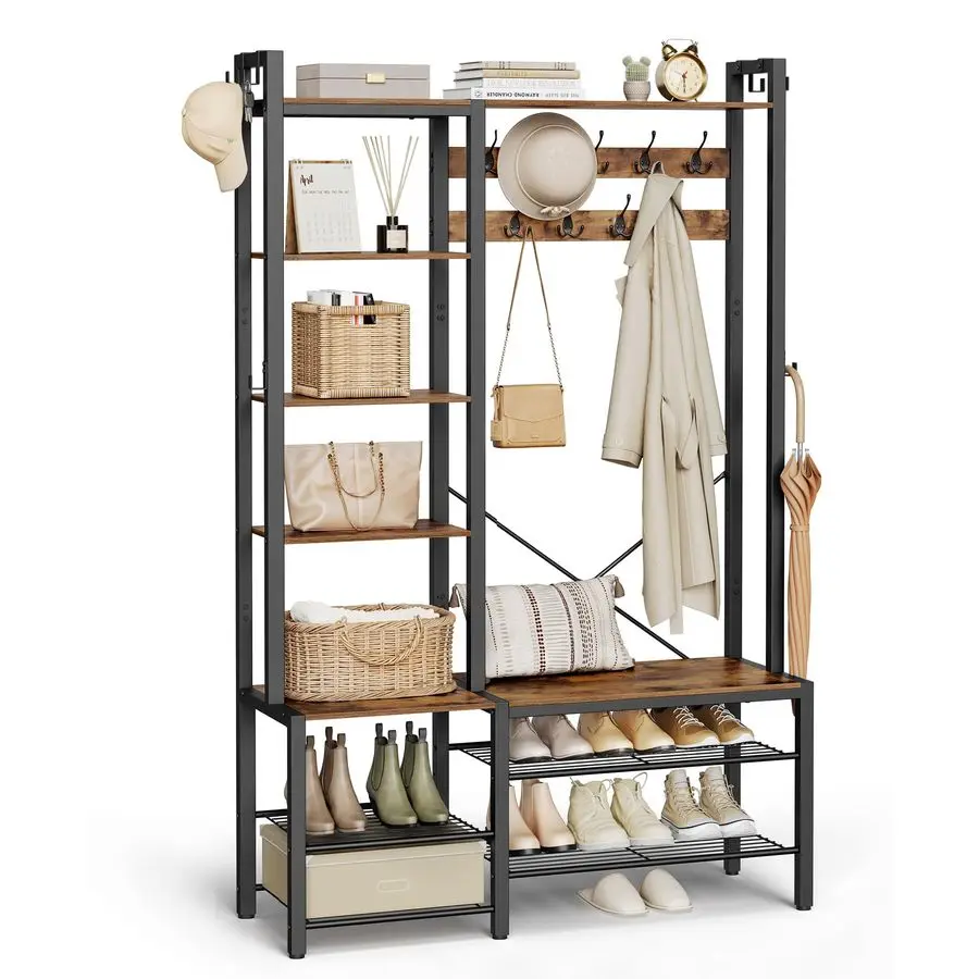 

Hall Tree with Bench and Shoe Storage, Entryway Coat Rack with Shoe Bench, 5 Storage Shelves, 9 Coat Hooks, 6 Side Hooks, 15.7 x