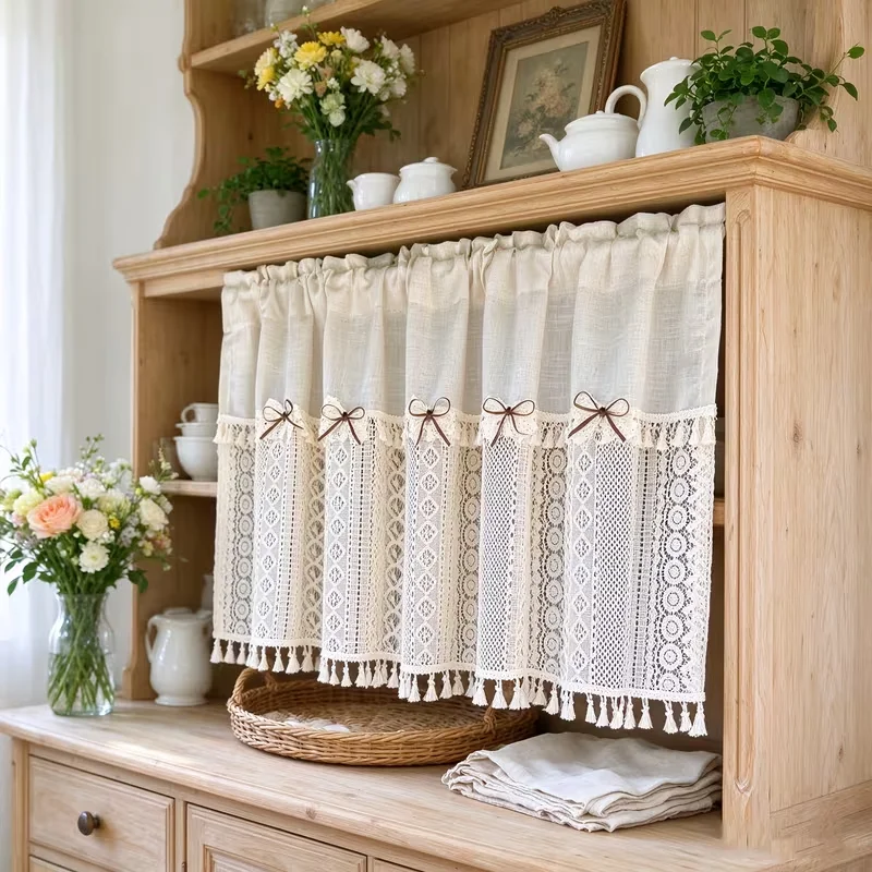 1PC Vintage Crochet Lace Tier Curtain, Rod Pocket with Bowknot Decor, Tassel Bottom Semi Sheer Cafe Curtain for Cabinet Kitchen