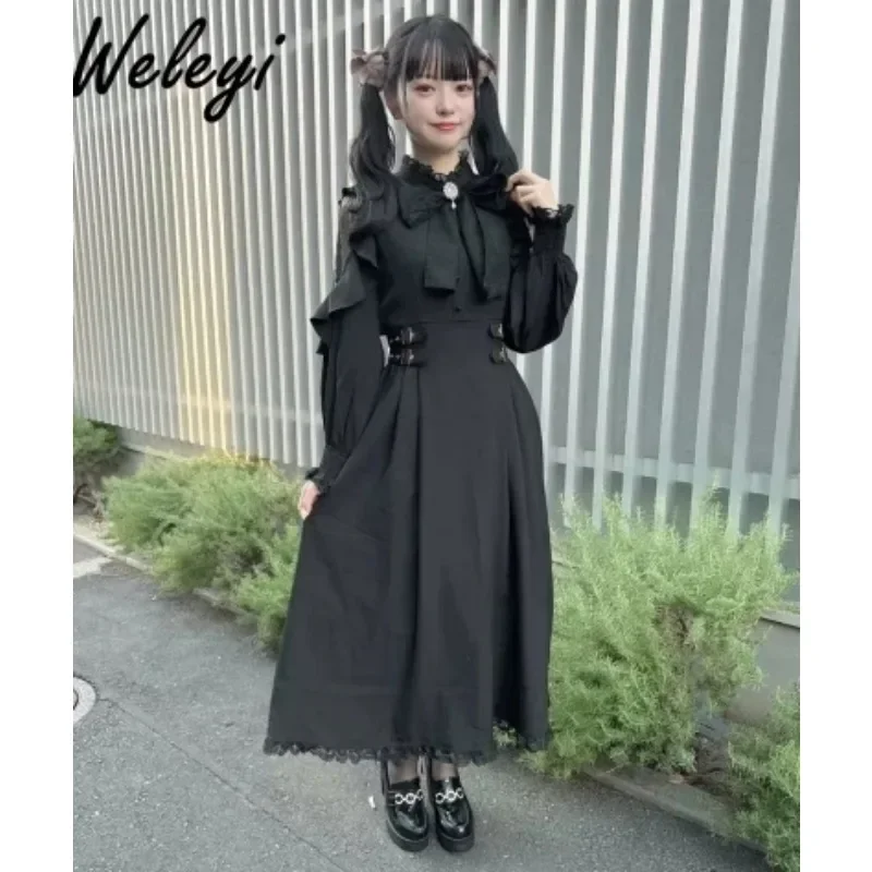 

Jirai Kei Rojita Ruffled Long Dress 24 Spring New Mine Series Japanese Sweet Woman's Off Shoulder Stand Neck Long Sleeve Dresses