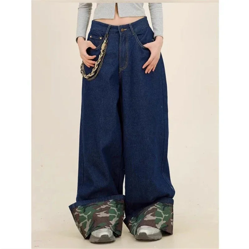 Women's Splicing Camouflage Rolled Edge Jeans Street Girl Bottoms Wide Legs Pants Female Fashion Blue Denim Trousers