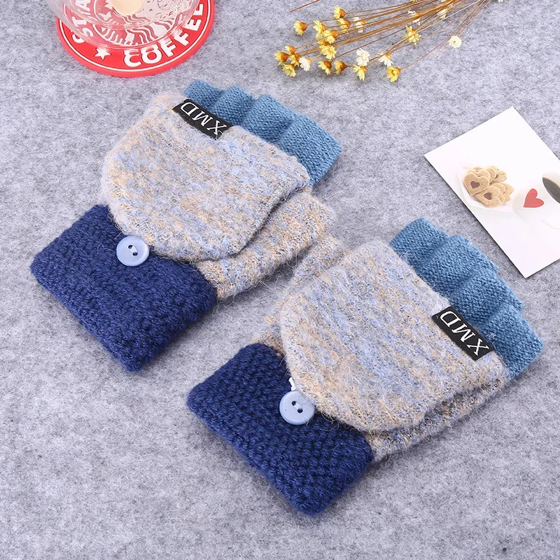 Women Knitted Flip Fingerless Gloves Exposed harf Finger Mittens Winter Warm Thickened Glove Knitting Wool Touchscreen Gloves