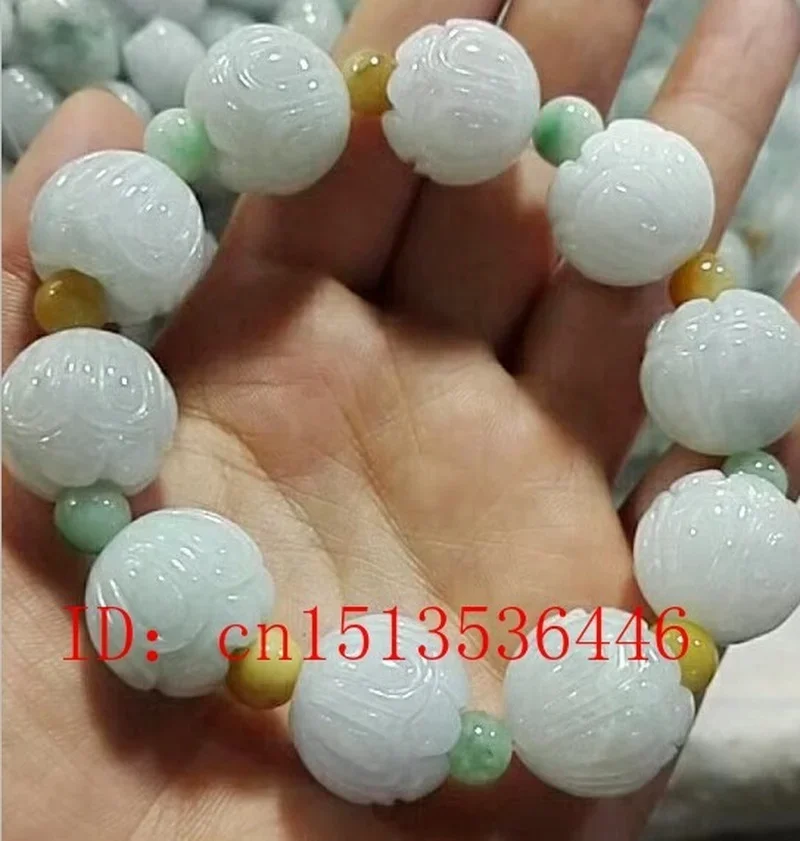 Jade Emerald 18mm Lotus Beads Bracelet Natural Adjustable Bangle Charm Jewellery Fashion Accessories Hand-Carved Man Luck Amulet