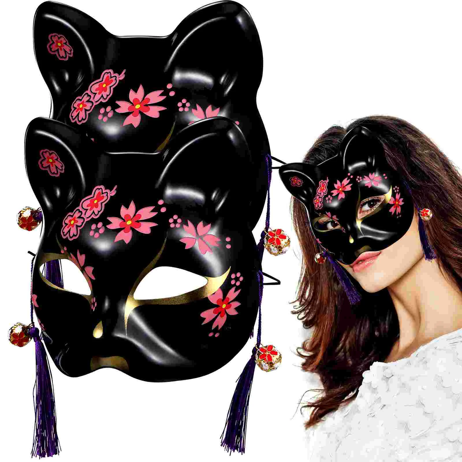 Black Full Face Mask Sakura Cat 2-piece Set Halloween Cherry Blossoms Masquerade Women Wolf