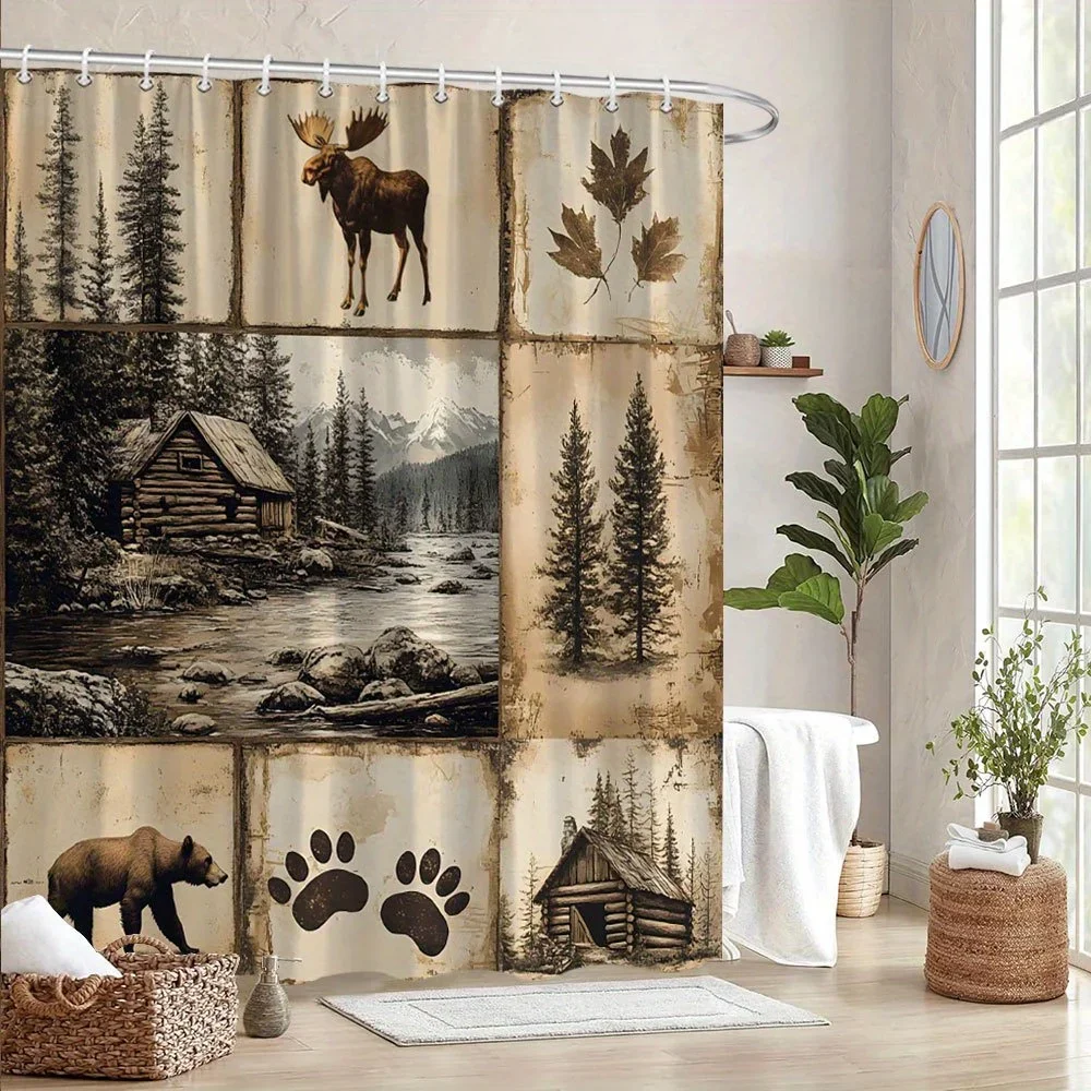 

Занавеска для душа в деревенском стиле, кабина лося, горный медведь, деревья, принты лап, сепия, коллаж дикой природы, полиэстер с крючками