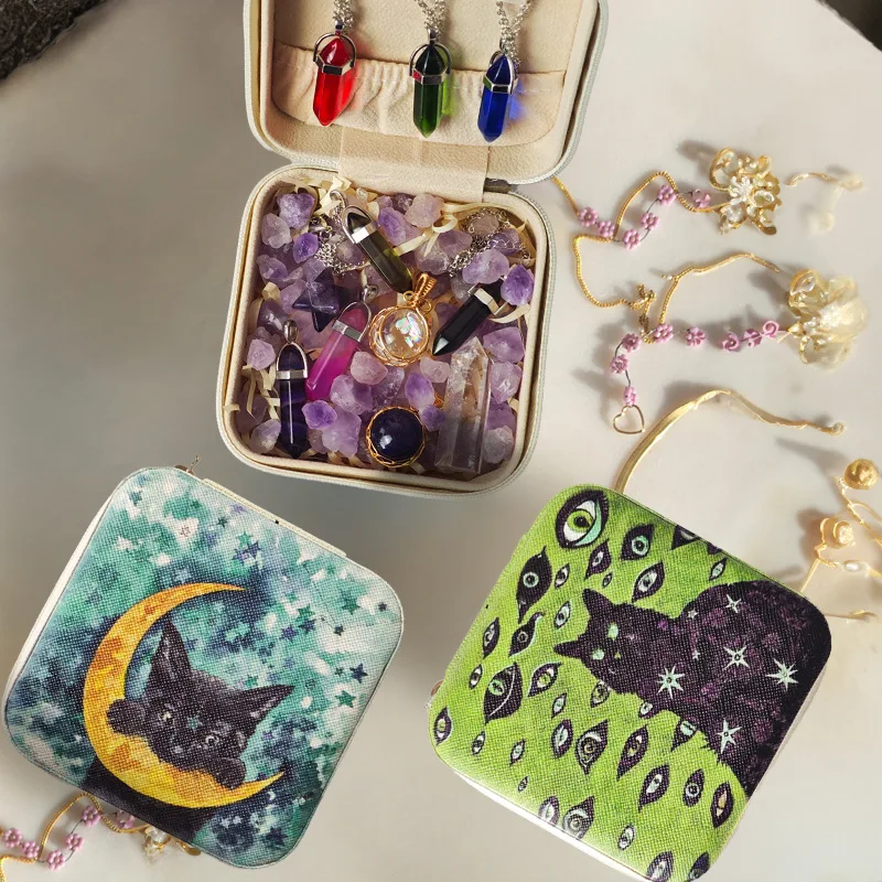 Black Cat Moon Gothic Portable Zipper Keepsake Box Organizer Case Witchcraft Supplies, Spiritual Gifts for Women Girls